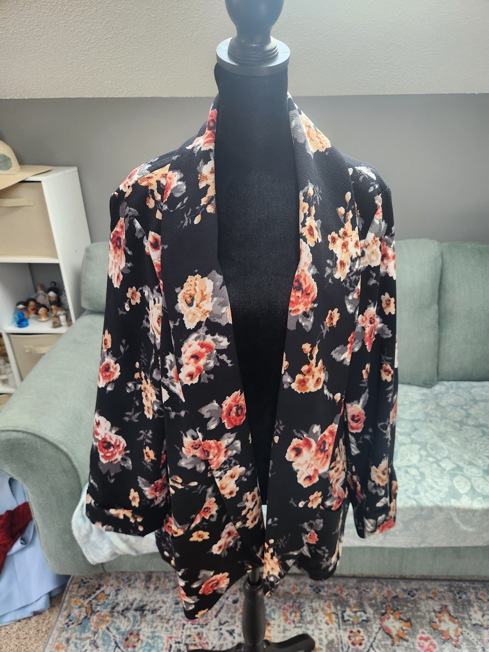 Black Rainn Black Floral Open-Front Blazer with Peach Roses XL